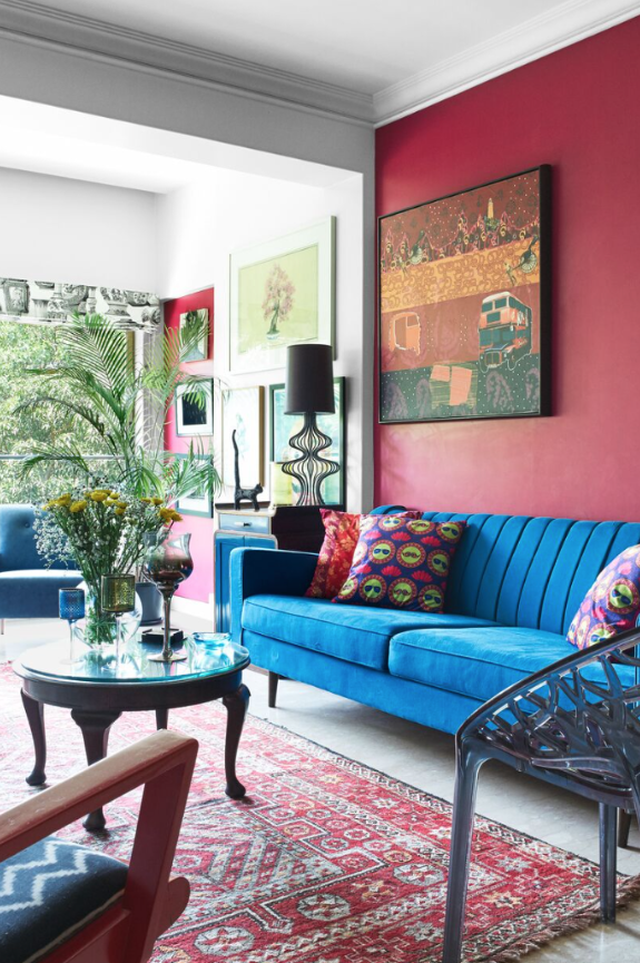 sangria-and-blue palette of the living room